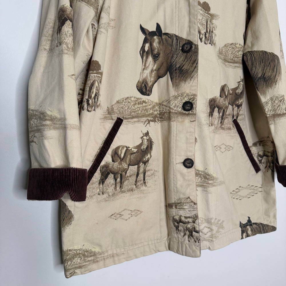 Vintage Bit & Bridle Western Horse Print Barn Jacket Tan Corduroy Trim Sz Large - Picture 2 of 11